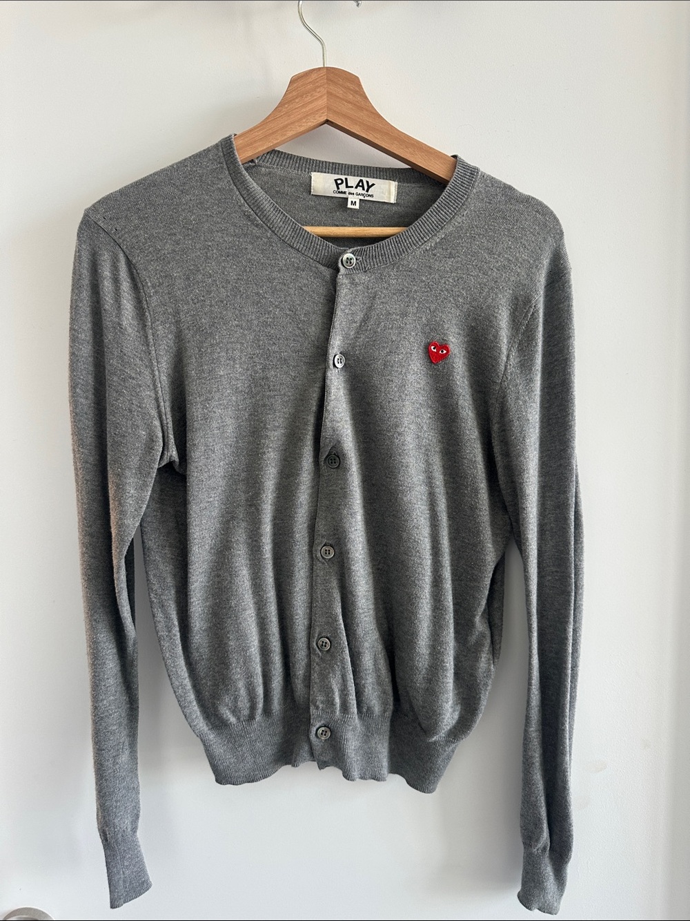 Comme des Garçons PLAY Gray Crewneck Button Cardigan with Red Heart